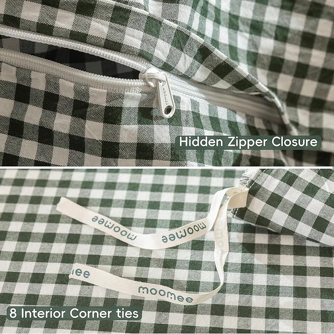 MooMee Gingham Duvet Cover Set 100% Washed Cotton Linen Like Textured Breathable Durable Soft Comfy Modern Checkered Design (Mini Gingham Forest Green, Full 80"x90")