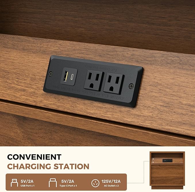 Miereirl Fluted Nightstands with Charging Station, LED Nightstand with Rounded Edge, Walnut-CP-1