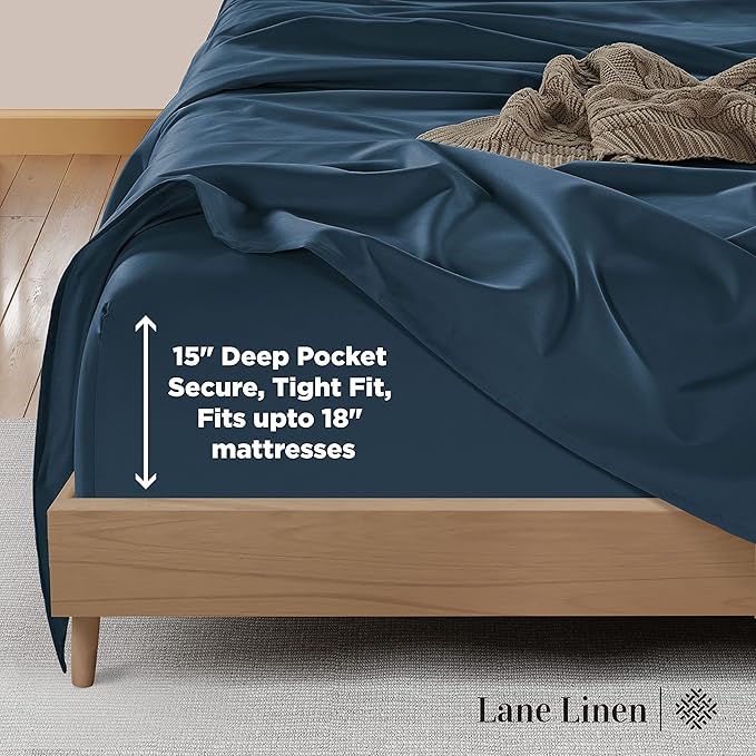 LANE LINEN Queen Bed Sheets - Pemium 600 Thread Count Long Staple 100% Cotton Sheets Queen Size Bed Set, Hotel Luxury Sateen Finish, 15" Deep Pocket Fitted Sheet, Cool & Durable - Denim