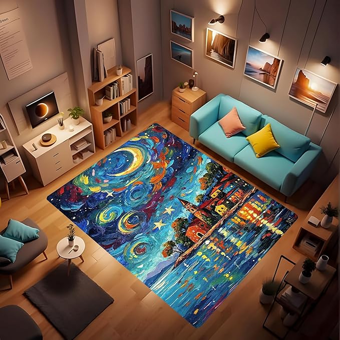 Machine Washable 5' x 8' Seaside Villages and Churches Area Rug, Bule Floor mat, Suitable for bedrooms, Girls' Room Bedside, Living Room, Dining Room, Office, Non-Slip Low-Pile Night Sky Carpet