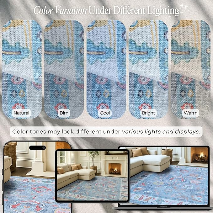 Fame Rugs Blue Modern Oushak Rug 2x3, Vintage Doormat Turkish Colorful Oriental Antique Inspired Washable Small Area Rug, Luxury Living Room Bedroom (381LB, 2' x 3')