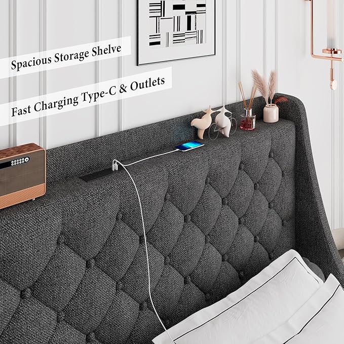 iPormis Queen Bed Frame with 4 Storage Drawers, Upholstered Platform Bed Frame with Type-C & USB Ports, Wingback Storage Headboard, Solid Wood Slats, No Box Spring Needed, Dark Gray