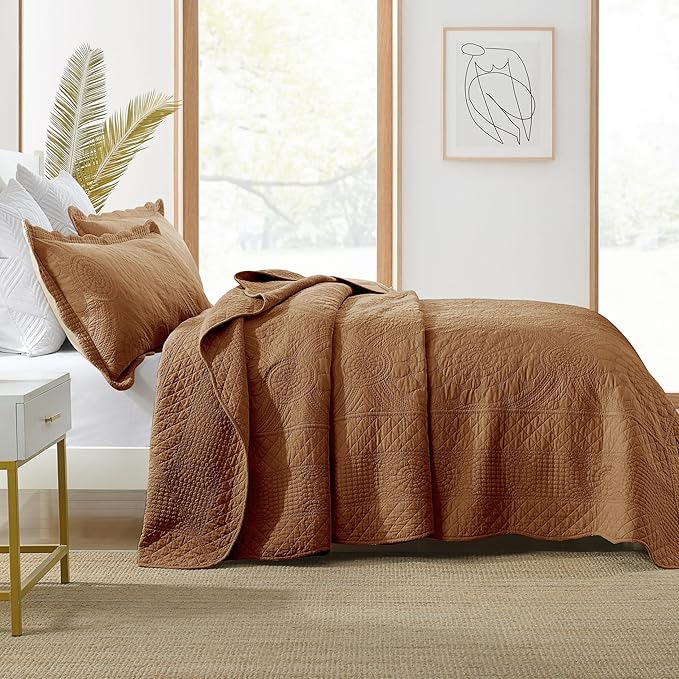 MarCielo 3-Piece 100% Cotton Oversized Bedspread Lightweight Quilt Coverlet Embroidery Farmhouse Bedding Set (Tf Dusty Orange, Oversized Queen (100"x106"))