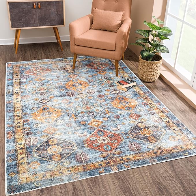 Bloom Rugs Washable Non-Slip 2' x 3' Rug - Blue/Orange Traditional Bordered Area Rug for Living Room, Bedroom, Dining Room, and Kitchen - Exact Size: 2' x 3'