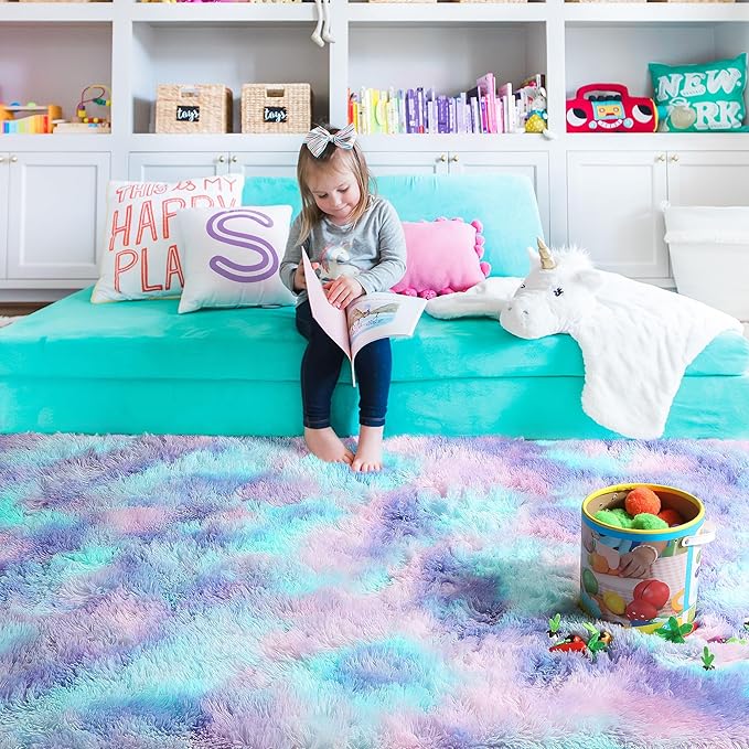 PAGISOFE 8x10 Area Rug, Cute Kawaii Purple Rainbow Rug for Girls Bedroom, Soft Fluffy Shag Rug for Girls Room, Baby, Kids Playroom, Nursery, Classroom, Plush Furry Mermaid Rug, Fuzzy Pastel Carpet