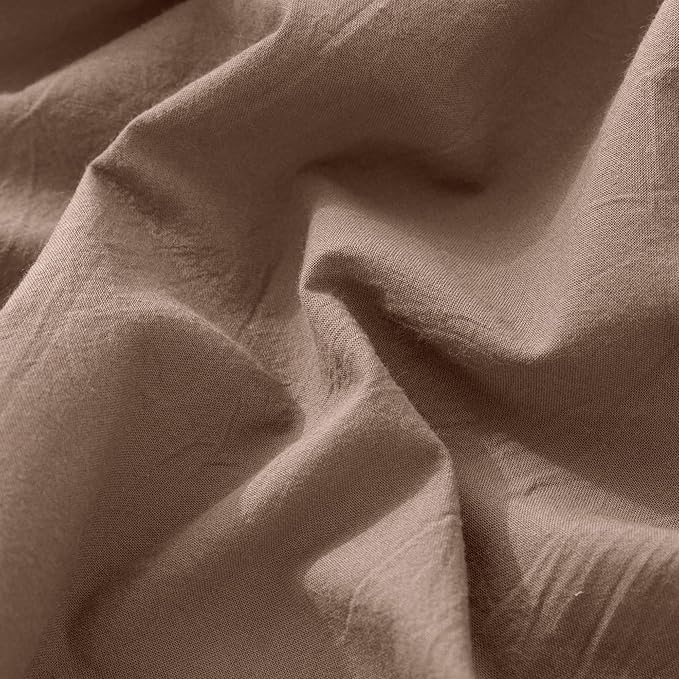 MooMee Fitted Bottom Sheet Only 100% Washed Cotton Linen Like Textured Breathable Durable Soft Comfy Deep Pocket Fits Mattress up to 17" (Brown, Twin)