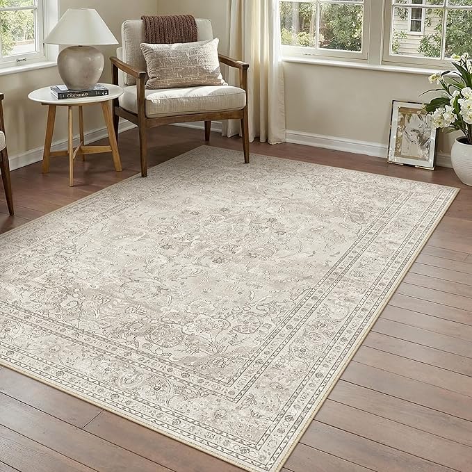 Beige 3x5 Area Rug Washable Vintage Carpet for Entryway Office Soft Retro Floral Kitchen Low Pile Thin Door Mat Non Slip Central Medallion Throw Rug for Bathroom Bedroom Dining Living Room