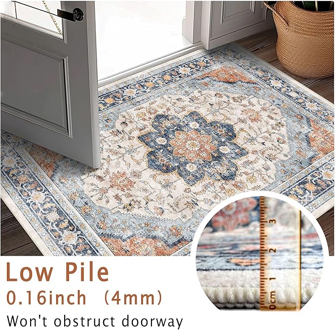 vivorug 4x6 Rug, Boho Small Area Rug for Living Room, Bedroom, Kitchen, Machine Washable Non-Slip Throw Rug, Vintage Floral Carpet for Entryway Nursery Coffee Table - Durable (Orange/Navy)