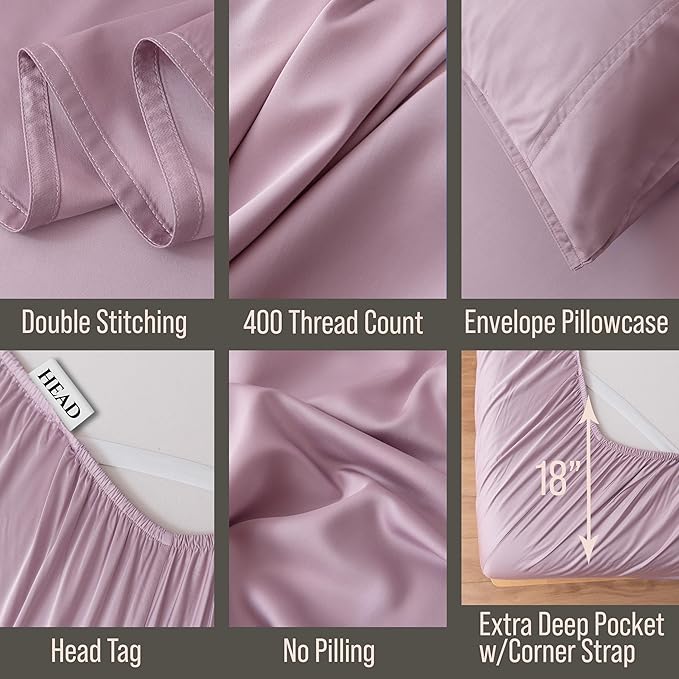 Bella Coterie 6 Piece Luxury Bamboo Viscose Split Top King Size Sheet Set | 34" Split for Adjustable Beds | 100% Organically Grown| Cooling | 18” Deep Pocket | 4 Pillowcases [Lilac]