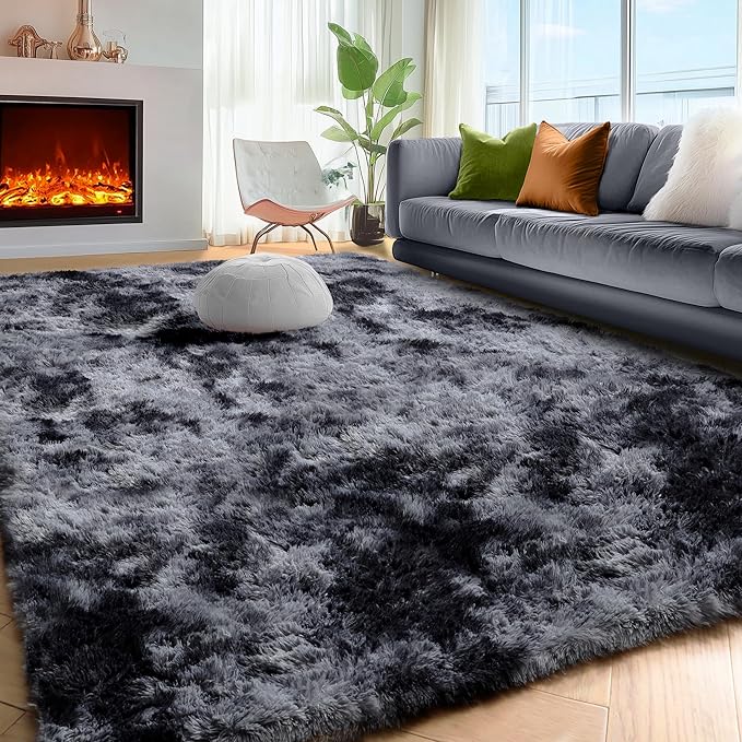 PAGISOFE Abstract Soft Shaggy Rugs for Living Room 5x8 Ft,Tie-Dyed Grey Fluffy Washable Rugs for Kids Room Furry Carpets for Bedroom Room Decor Aesthetic Large Shag Carpet for Boys Girls Dorm Nursery