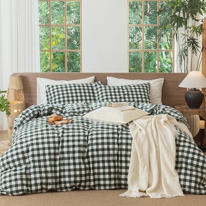 MooMee Gingham Duvet Cover Set 100% Washed Cotton Linen Like Textured Breathable Durable Soft Comfy Modern Checkered Design (Buffalo Plaid Forest Green, Palatial King/Oversized King 120"x98")