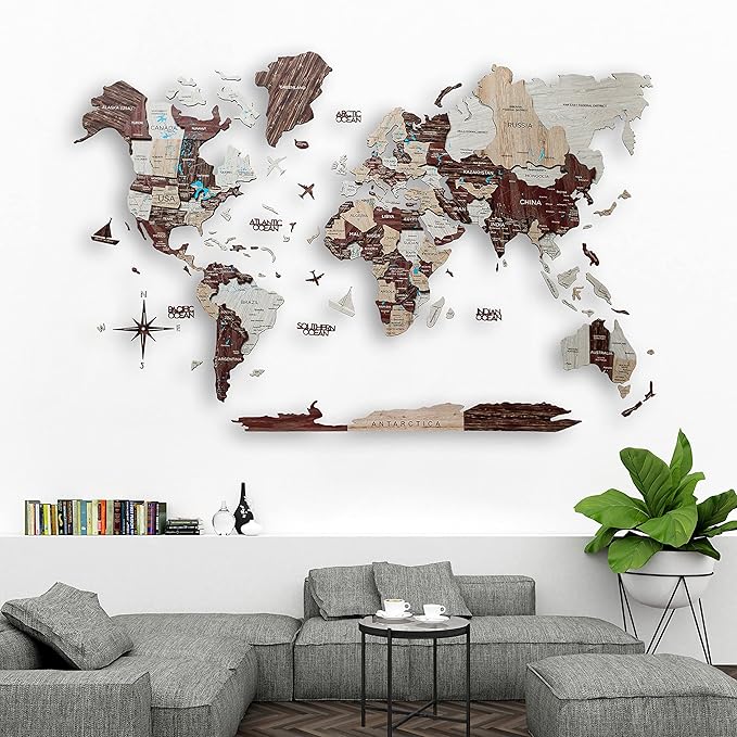 Handmade 3D Wood World Map Wall Art Large Wall Decor Track Your World Travels - Special for Home, Kitchen and Office (X-Large, Cappuccino)