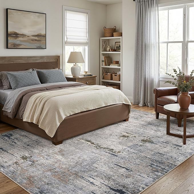 Area Rug Living Room Rugs - 8x10 Washable Large Soft Indoor Neutral Modern Abstract Low Pile Rug Carpet for Bedroom Dining Room Farmhouse Home Office - Blue/Grey/Brown