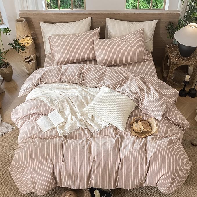 MooMee Striped Duvet Cover Set 100% Washed Cotton Linen Like Textured Breathable Durable Soft Comfy (Orange White Wide Stripes, Super King 108"x98")