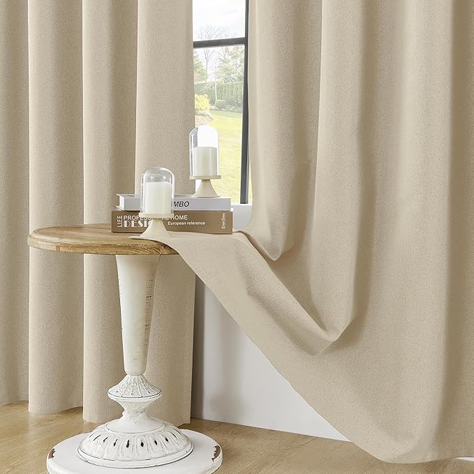 ChrisDowa 100% Blackout Natural Solid Solid Curtains 63 Inches Long 2 Panels for Bedroom Living Room,Farmhouse Room Darkening Thermal Insulated Soundproof Grommet Top Window Treatment Drapes,52x63