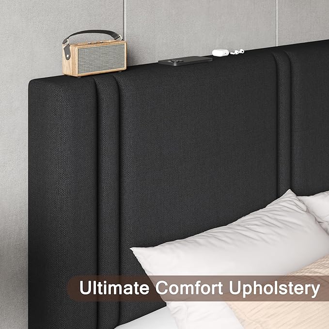 Upholstered Queen Size Bed Frame with Linen Fabric Headboard, Strong Wooden Slats Support, Noise Free, No Box Spring Needed, Black