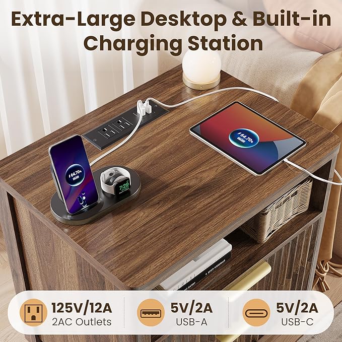 CypBed Night Stand with Charging Station, Bedside Tables with 2 Drawers & Storage Shelf, Wood Fluted Nightstand with Rounded Corner Design, Modern End Table for Bedroom, Easy Assembly