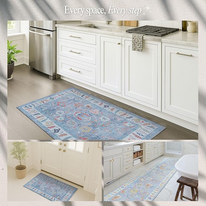 Fame Rugs Blue Modern Oushak Rug 2'6"x7', Washable Vintage Turkish Colorful Oriental Antique Inspired Foldable Small Runner Rugs, Luxury Living Room Bedroom (381LB, 2'6" x 7')