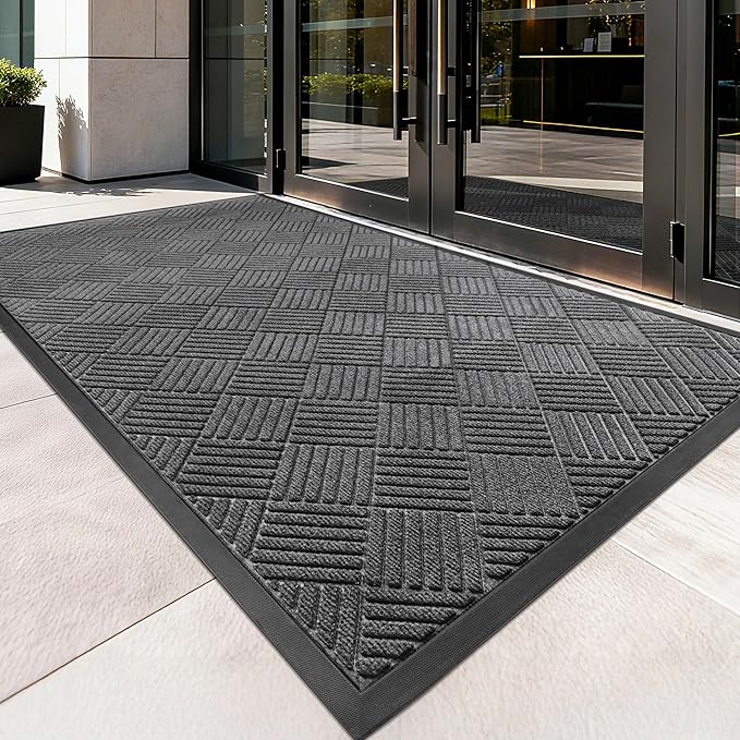 Front Door Mat, Heavy Duty Indoor Outdoor Doormat, 60" x 36" Low Profile Outdoor Mats for Home Entrance, Stain and Fade Resistant Welcome Mat Ideal for High Traffic Area, Diamond Grey