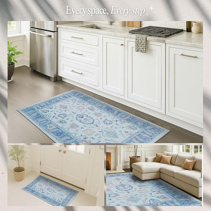 Fame Rugs Blue Modern Oushak Rug 3x5, Washable Vintage Turkish Colorful Oriental Antique Inspired Foldable Small Area Rugs, Luxury Living Room Bedroom (995BB, 2'6" x 5')