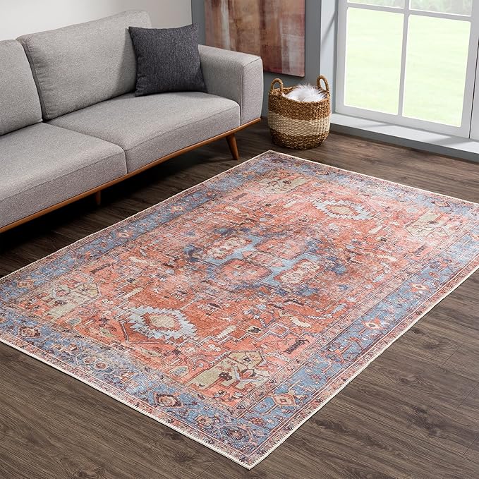 Bloom Rugs Washable 6' x 9' Rug - Terracotta/Blue Traditional Area Rug for Living Room, Bedroom, Dining Room, and Kitchen - Exact Size: 6' x 9'