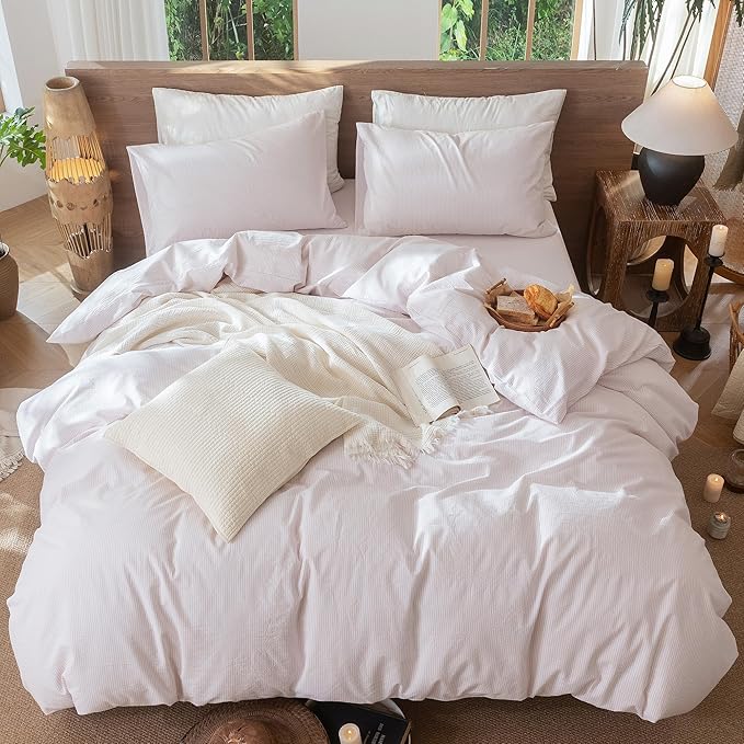 MooMee Striped Duvet Cover Set 100% Washed Cotton Linen Like Textured Breathable Durable Soft Comfy (Heathered Greyish Pink Pinstripes, Full 80"x90")