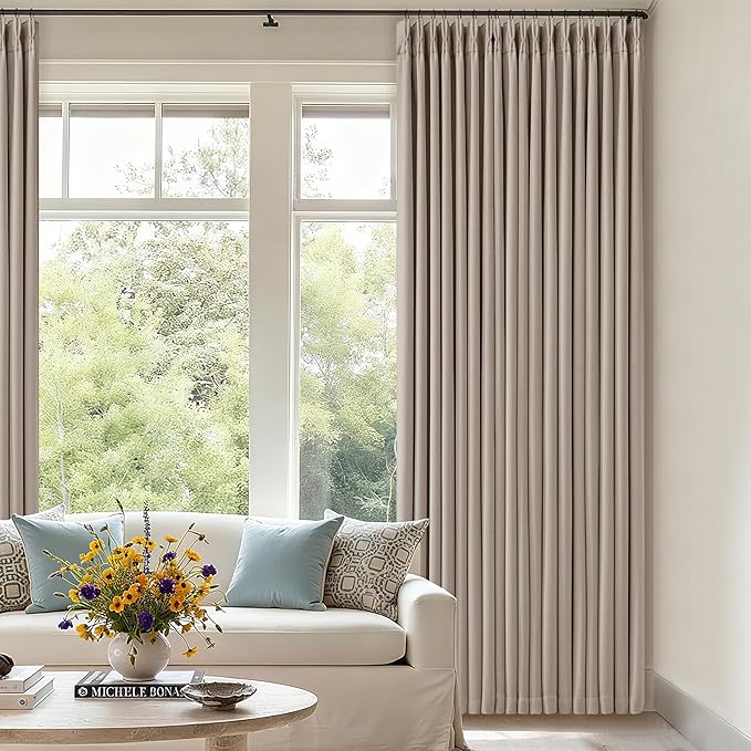 70 Inch Wide Blackout Curtains 84 Inches Long Memory Trained Pinch Pleated Room Darkening Thermal Linen Textured Two Layer Extra Wide Drapes for Living Room Sliding Door Burlywood Birch 1 Panel