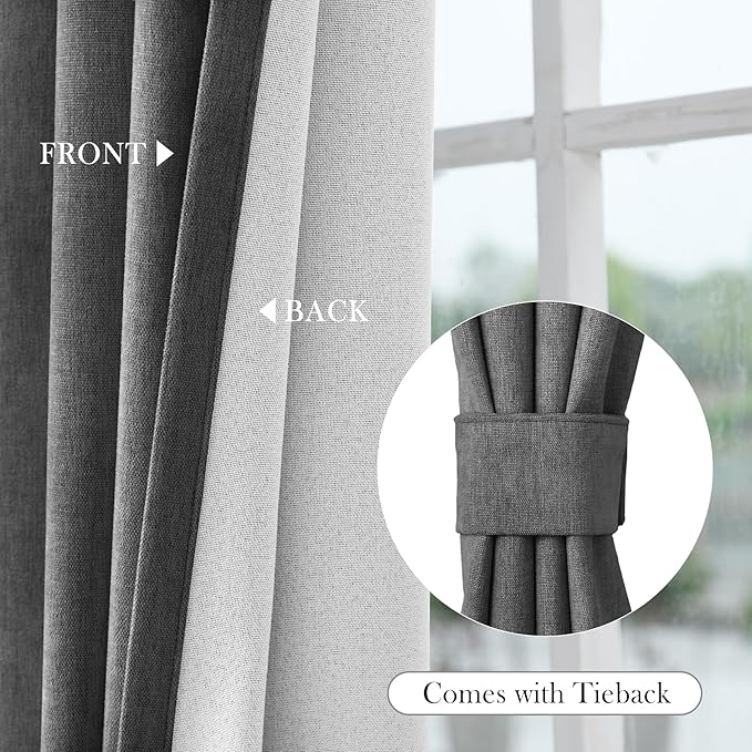 Macochico 100% Blackout Chenille Curtains for Living Room Classic Chenille Window Curtain Panels Thermal Drapes for Bedroom Hotel Grommet Curtains with Tieback Dark Grey 84" Wx96 L 1 Panel