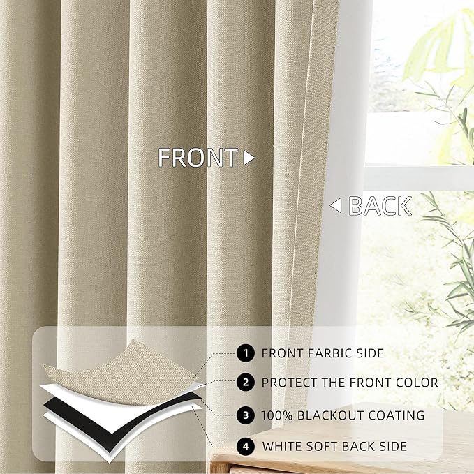 ChrisDowa 100% Blackout Natural Solid Solid Curtains 108 Inches Long 2 Panels for Bedroom Living Room,Farmhouse Room Darkening Thermal Insulated Soundproof Grommet Top Window Treatment Drapes,52x108