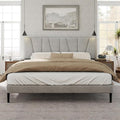 Queen Size Bed Frame with Fabric Upholstered Headboard, Platform Bed with Wooden Slats Support, Fully Mattress Foundation, Box Spring Optional, Easy Assembly