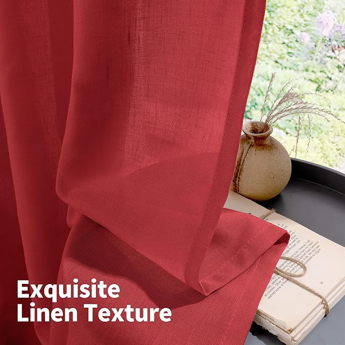 YoungsTex Red Linen Curtains 90 Inches Length for Living Room, Light Filtering Drapes Privacy with Grommet for Christmas Bedroom Dining Room, 2 Panels, 52 X 90 Inch