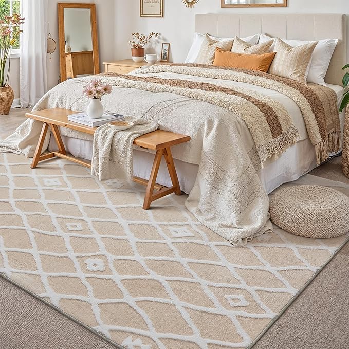 Ivory 8x10 Area Rug Moroccan Shag Living Room Washable Carpet Soft Non Shedding Neutral Boho Plush Pile Modern Large Throw Rug for Office Bedroom Dining Room Playroom