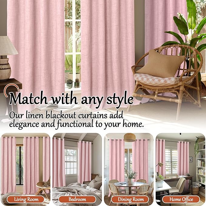 Baby Pink Linen Blackout Curtains for Nursery 45 Inch Length 2 Panels, Short Thermal Insulated Boho Total Black Out Noise Reducing Small Window Curtains for Girls Bedroom, Each 38 Inch Wide