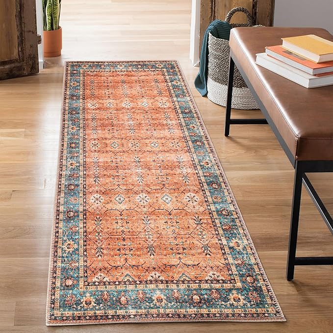 Bloom Rugs Washable Non-Slip 7 ft Runner - Orange/Teal Blue Traditional Bordered Runner for Entryway, Hallway, Bathroom, and Kitchen - Exact Size: 2.5' x 7'