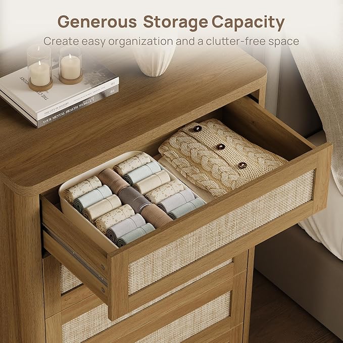 SICOTAS Tall Dresser for Bedroom - Rattan 5 Drawer Dressers Chest of Drawers with Push-to-Open Design, Modern Extra Deep Clothes Dresser with Large Storage for Closet, Living Room, Amber Oak, 2PCS