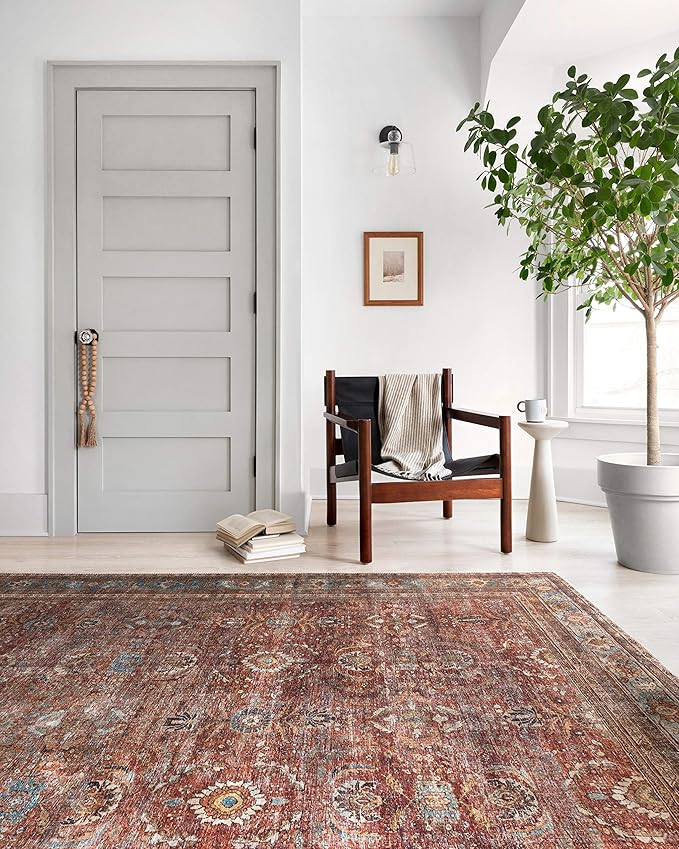 Loloi Layla Collection LAY-01 Brick/Blue 2'-6" x 9'-6" .13" Thick Runner Rug, Soft, Durable, Vintage Inspired, Distressed, Low Pile, Non-Shedding, Easy Clean, Printed, Living Room Rug