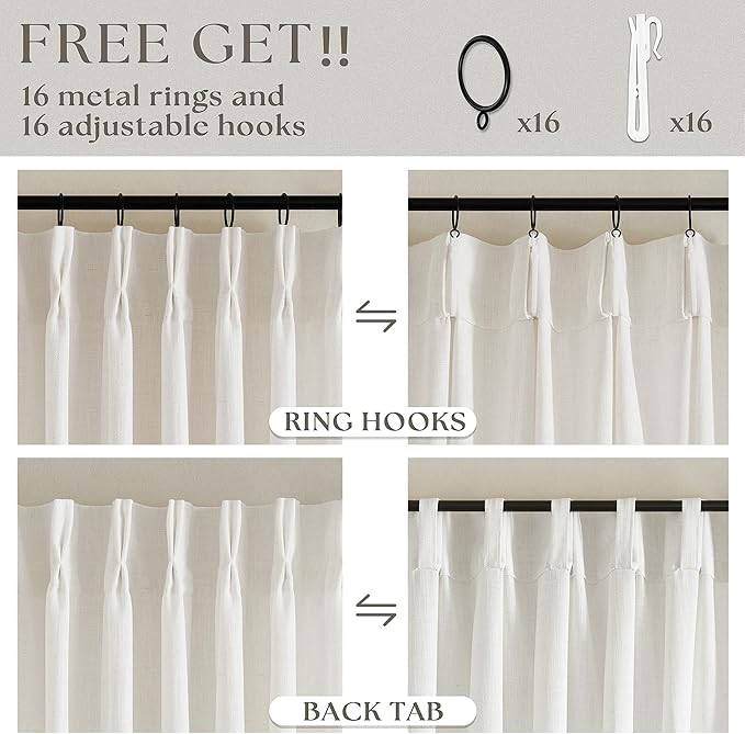 Natural Cream Pinch Pleated Linen Curtains 92 Inches Long for Living Dining Room Bedroom Thick Linen Pinch Pleat with Hooks Rings Back Tab Light Filtering Boho Farmhouse Semi Sheer 92 Inch Curtain