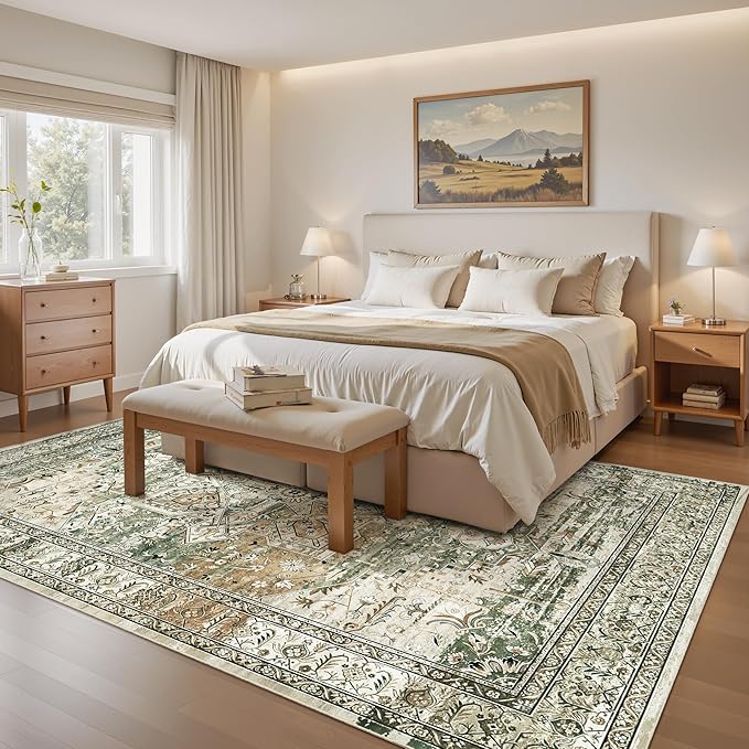 5x7 Area Rugs Low Pile Indoor Washable Trendy Faded Style Rugs for Bedroom Living Room Dining Room Foldable Non-Slip Thin Print Mat Green Olive Beige