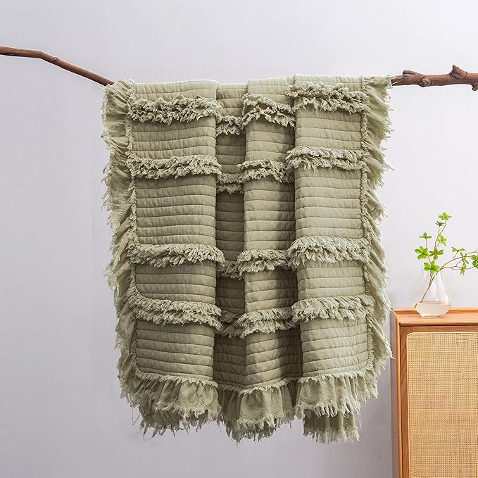 Ultra Soft Pre-Washed Quilted Throw Blanket, Ruffle Fringed Olive Green Decorative Throw, Sage Green Stone Washed Chic Rustic Blanket for Sofa Couch Bed, 50"x 60"