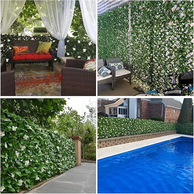 GLANT Expandable Fence Privacy Screen for Balcony Patio Outdoor,Decorative Faux Ivy Fencing Panel,Artificial Hedges (Single Sided Leaves) (1, Green-Flowers)