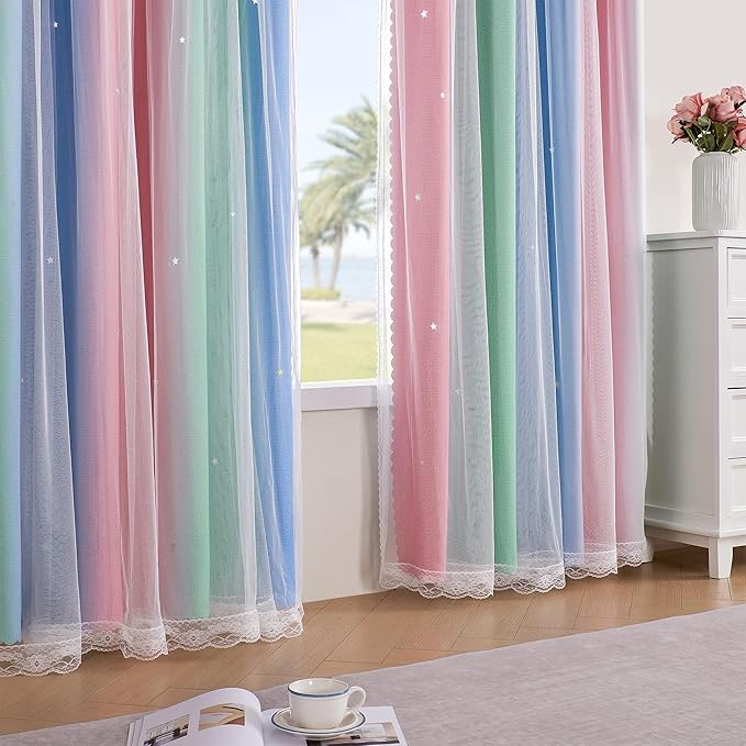 XiDi Pink Curtains for Bedroom Decor Blackout Curtains for Girl Room Rainbow Curtains for Kids Room Unicorn Wall Decals Blue Curtains Green 34X72 Inch Long 1