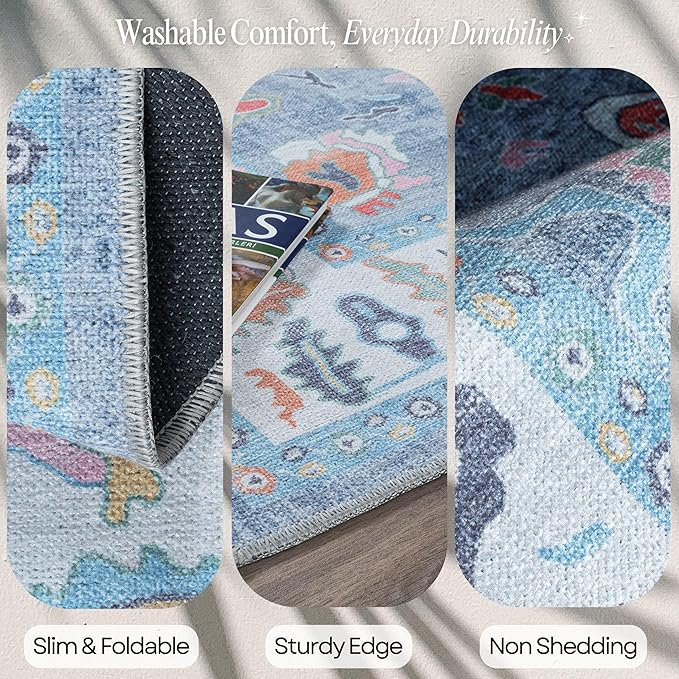 Fame Rugs Blue Modern Oushak Rug 2'6"x10, Vintage Turkish Colorful Oriental Antique Inspired Foldable Long Washable Runner Rugs, Luxury Living Room Bedroom (381LB, 2'6" x 10')