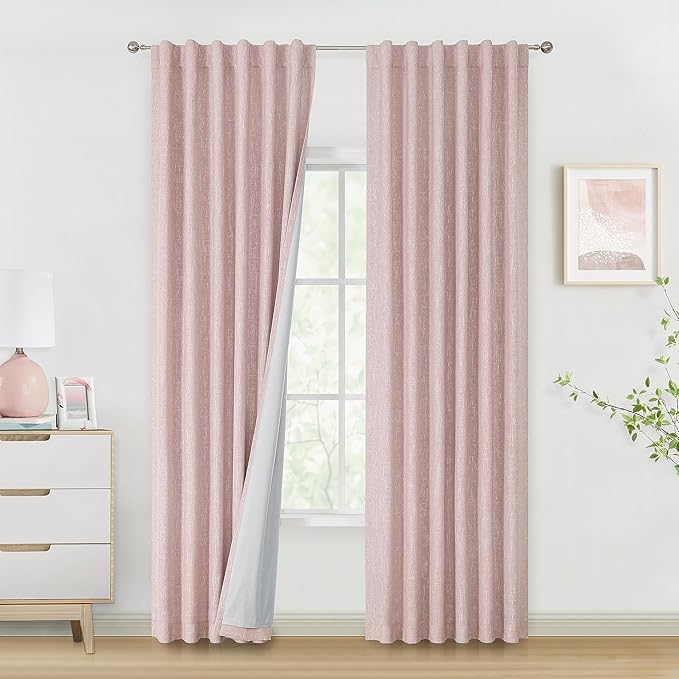 Vision Home Rod Pocket Back Tab Pink Total Blackout Bedroom Curtains 95 inch for Living Room Nursery Window Panels Thermal Insulated Energy Efficient Soundproof Pink Drapes 2 Panels 50" Wx95 L