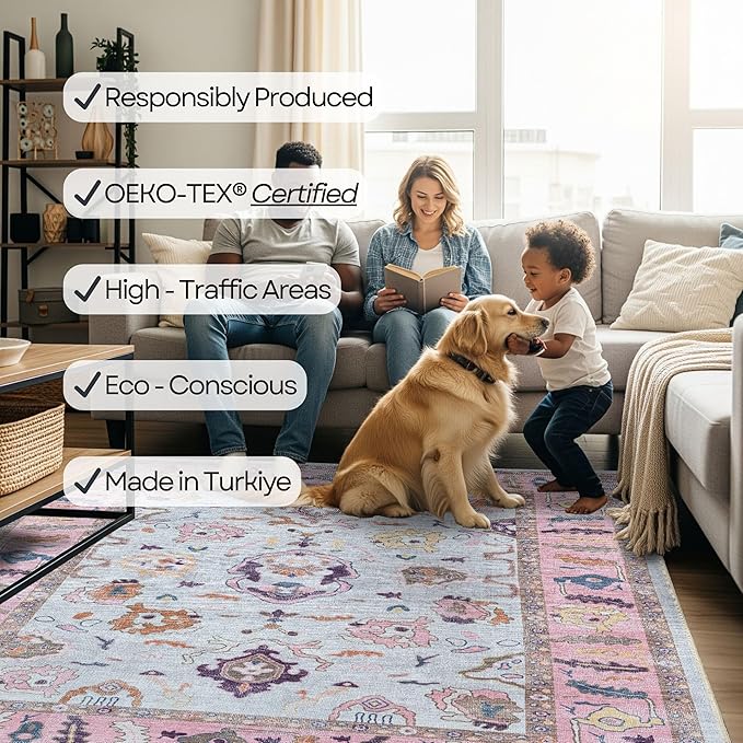 Fame Rugs Pink Beige Modern Oushak Rug 5x7, Washable Vintage Turkish Colorful Oriental Antique Inspired Area Rugs, Luxury Living Room Bedroom (390PP, 5' x 7')