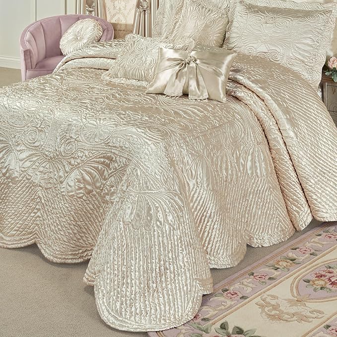 Touch of Class Portia Luxury Bedding | Soft Pearl | Premier Quilted Polyester Satin | Romantic Hand Guided Machine Quilted Scroll Design 3 Piece Set: King Oversized Bedspread and 2 King Shams