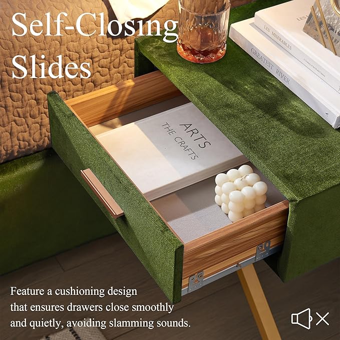 DEINPPA Luxury King Bed Frame with Built-in Gold LED Lights and Nightstands, King Size Platform Bed with Oversize Upholstered Headboard, No Box Spring Needed-Green