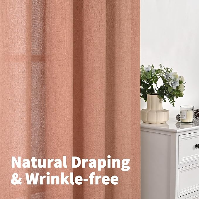 YoungsTex Terracotta Linen Curtains 90 Inch Length for Living Room, Burnt Orange Light Filtering Drapes Semi Sheer with Bronze Grommet Privacy for Bedroom, 52 x 90 Inch, 2 Panels