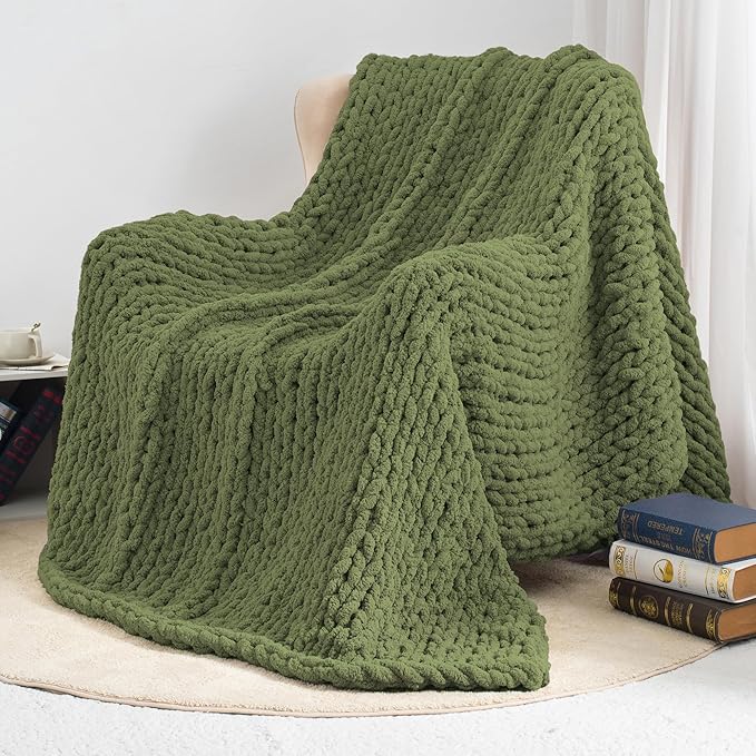 Chunky Knit Throw Blanket 60"X 80", 100% Handmade with Soft Chenille Yarn, 6.7lbs Thick Cable Knitted Blankets, Large Rope Knot Crochet Throws for Couch Sofa Bed Home Decor, Olive Green