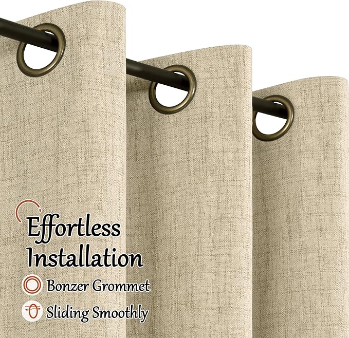 100% Blackout Curtains for Living Room/Bedroom 84 Inch Length 2 Panels Set, Thermal Insulated Bronze Grommet Boho Light Blocking Faux Linen Window Drapes White Liner, Each 52" Wide, Burlap