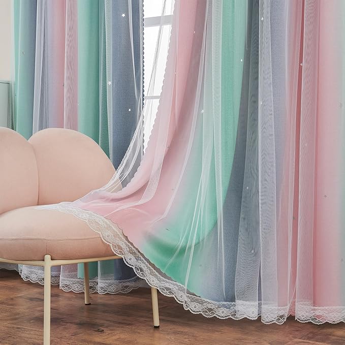 XiDi Curtains for Bedroom Decor, Rainbow Pinkgreen grey52/54